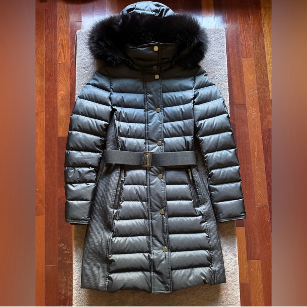 Burberry London Abbeydale Down Coat | Black Fox Fur Trim | US 2 | NWOT